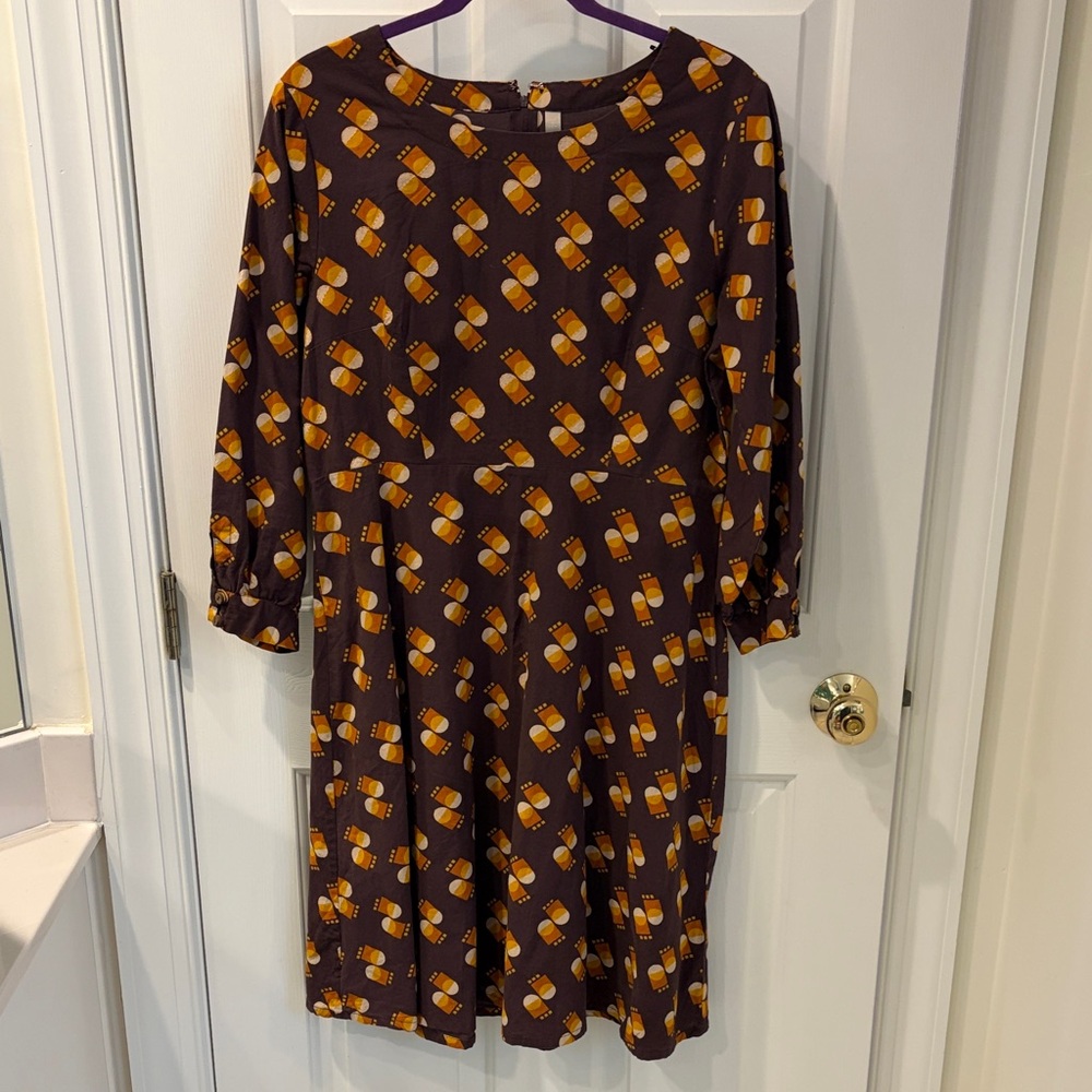 Mata Traders Brown Long Sleeve Dress with Orange and Yellow Pattern